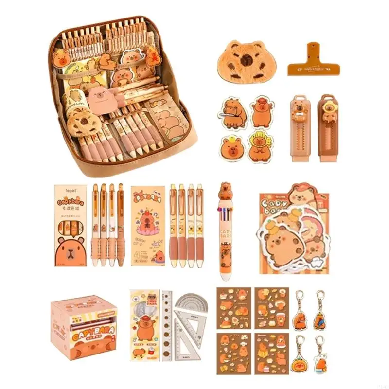 21Pcs Capybara Student School Stationeries With Large Pencil Case Eraser Pen Sticky Notes Ruler Sticker Paper Clamp F19E