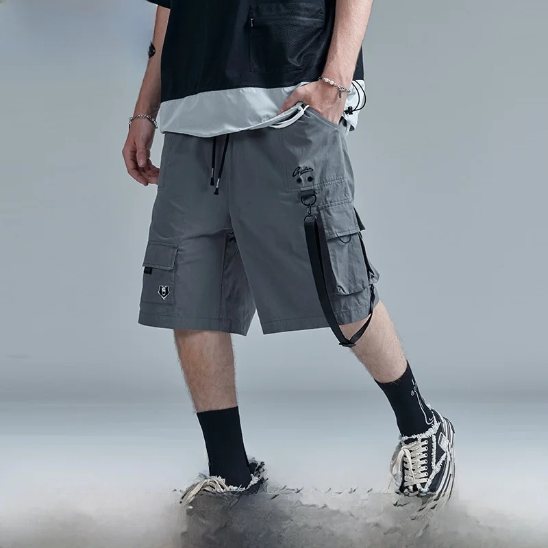 

Guuka Trendy Brand Youth Workwear orts Men Summer Teenage Hip Hop ey Embroidery Sports Five-Quarter Loose Fit Casual Pants