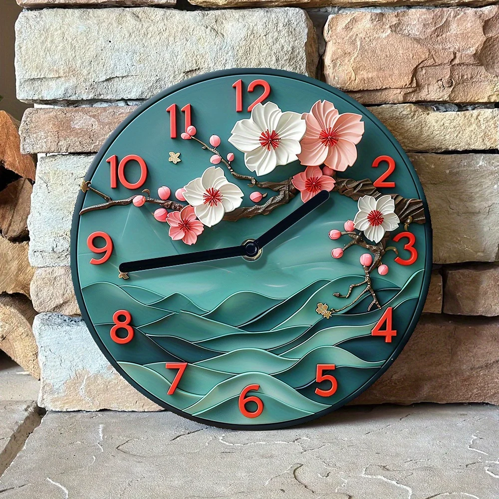 Cherry Blossom Silent Wall Clock -ch Aluminum Art Decor with DIY Assembly Kit, High-Definition 2D Print, Pet Lover Gift