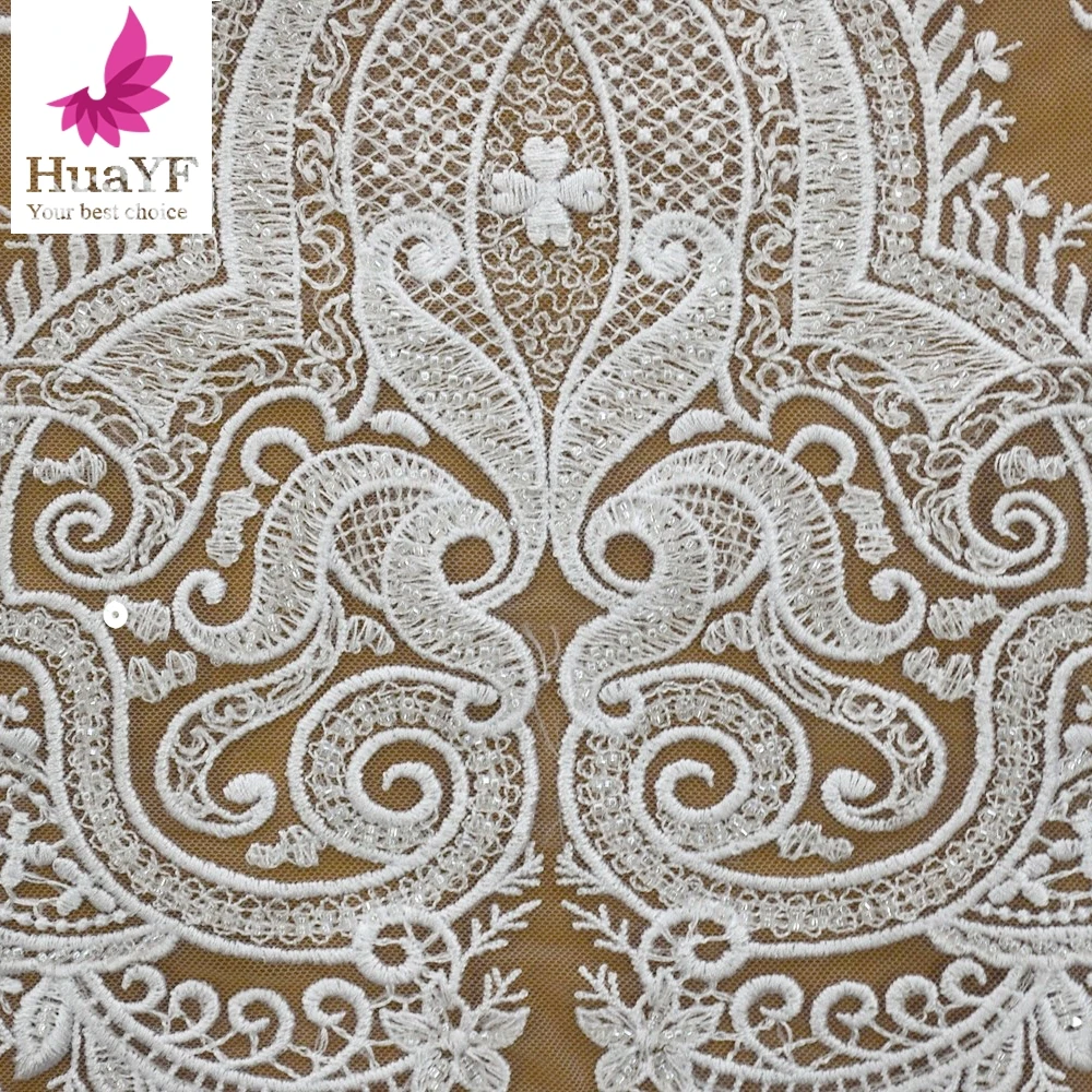 New High Quliaty Beautiful Bridal White Lace Fabric Special Disign, Beaded Wedding Dress Lace Fabric 1 Yard HY1533