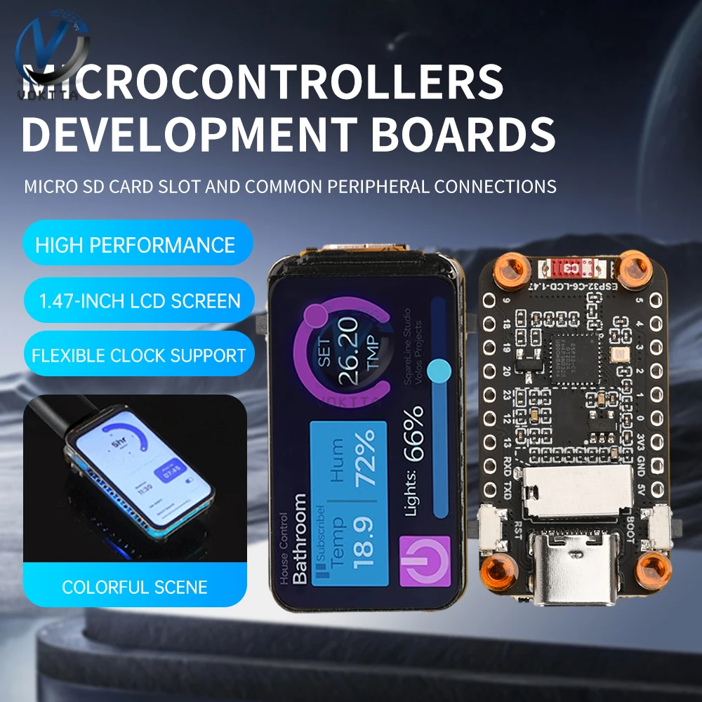 Макетная плата ESP32-C6, 1,47-дюймовый ЖК-дисплей, 172×320, 262K, 160 МГц, одноядерный процессор, USB Type-C, беспроводной модуль Wi-Fi + BLE