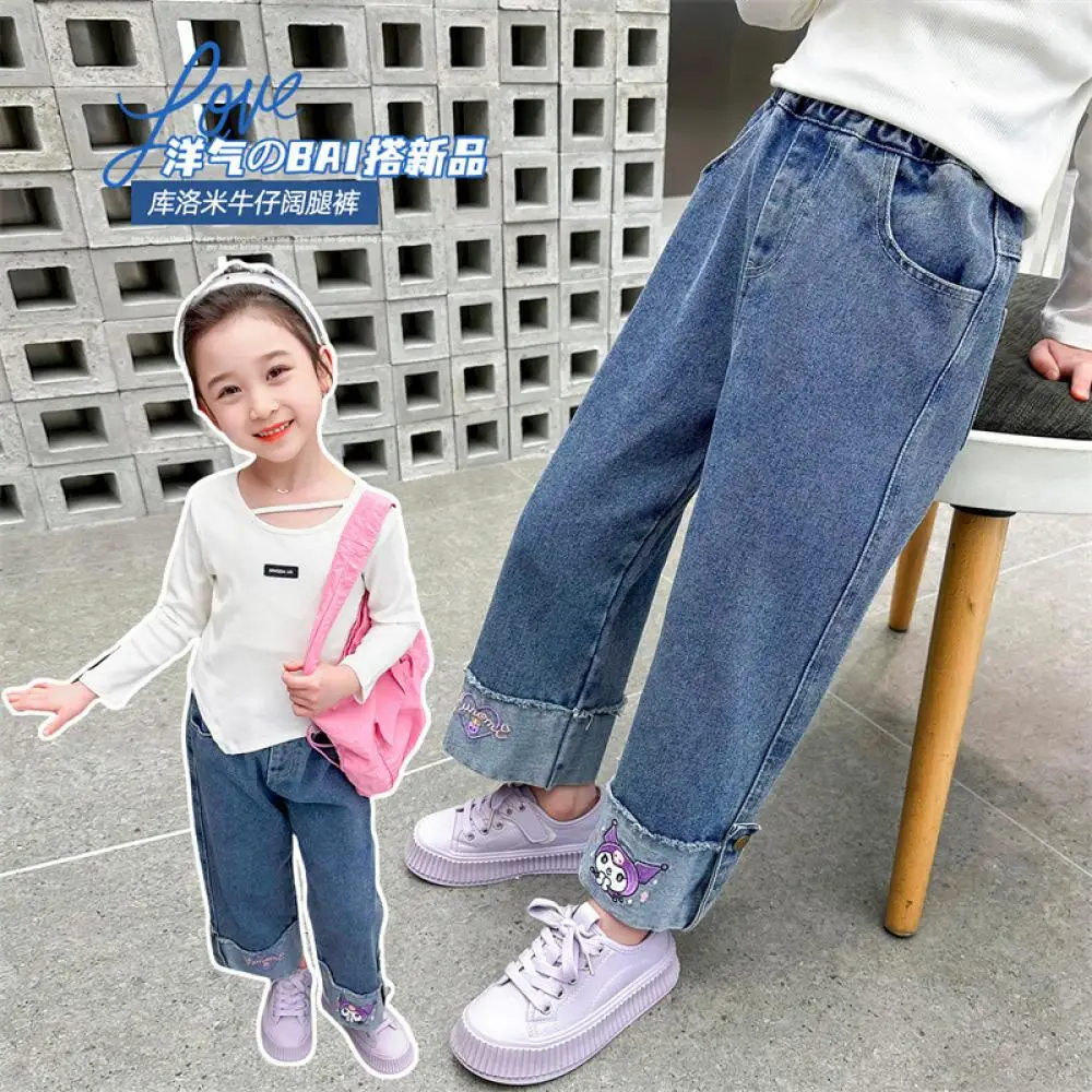 Anime Cartoon Sanrio Kuromi Girls Jeans Fashion Casual Pure Cotton Trousers Versatile Wide Leg Pants Spring Fall Children Pants