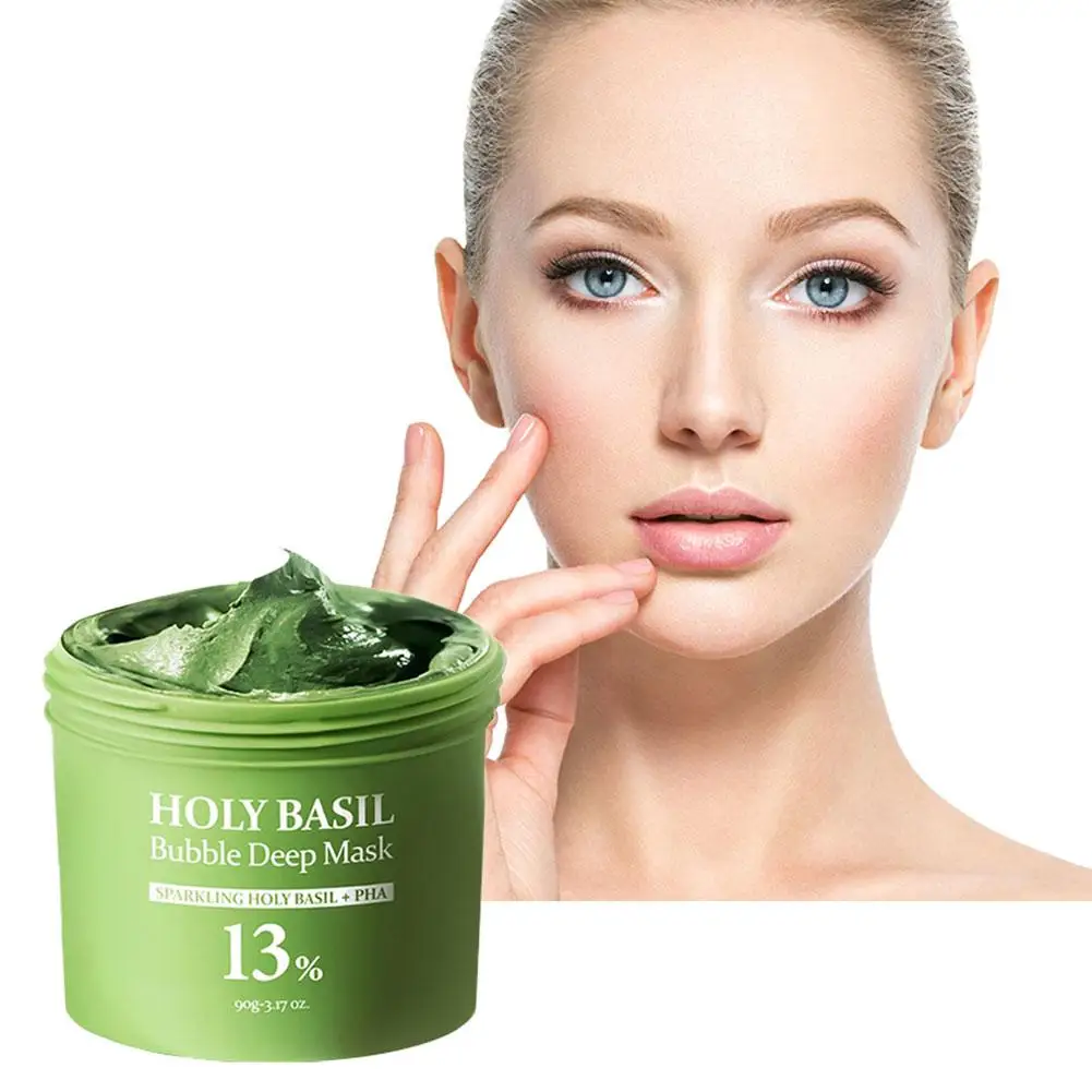 Holy Basil Bubble Deep Mask 90g, Exfoliating Clay Mask with PHA for Deep Pore Cleansing & Blackhead Removal for All Skin Types