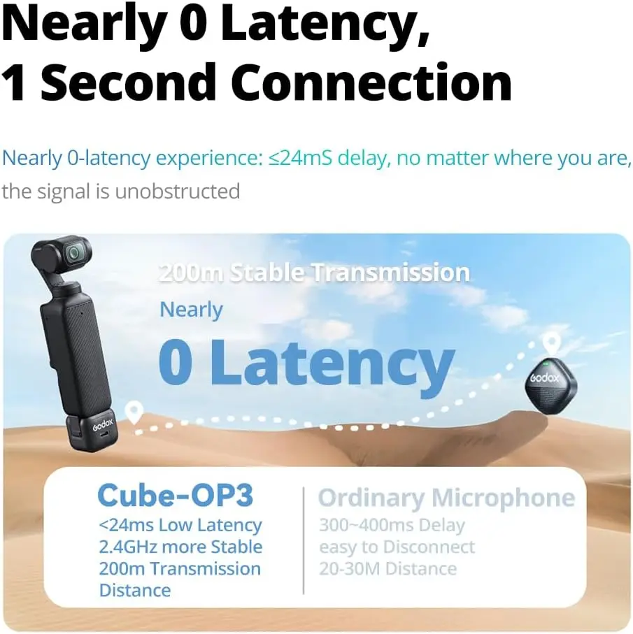 ميكروفون GODOX Cube-OP3 اللاسلكي Lavalier لـ DJI Osmo Pocket 3، إلغاء الضوضاء، عمر البطارية 10H، ميكروفون لاسلكي صغير للكاميرا