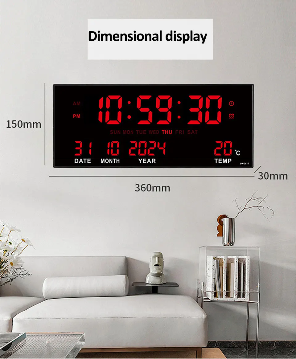 Digitale große Wanduhr, Alarm, Temperatur, Datum, Kalender, Anzeige, 8 Sätze Wecker, 35,6 cm, elektronische LED-Uhr, einsteckbar – Detail 5