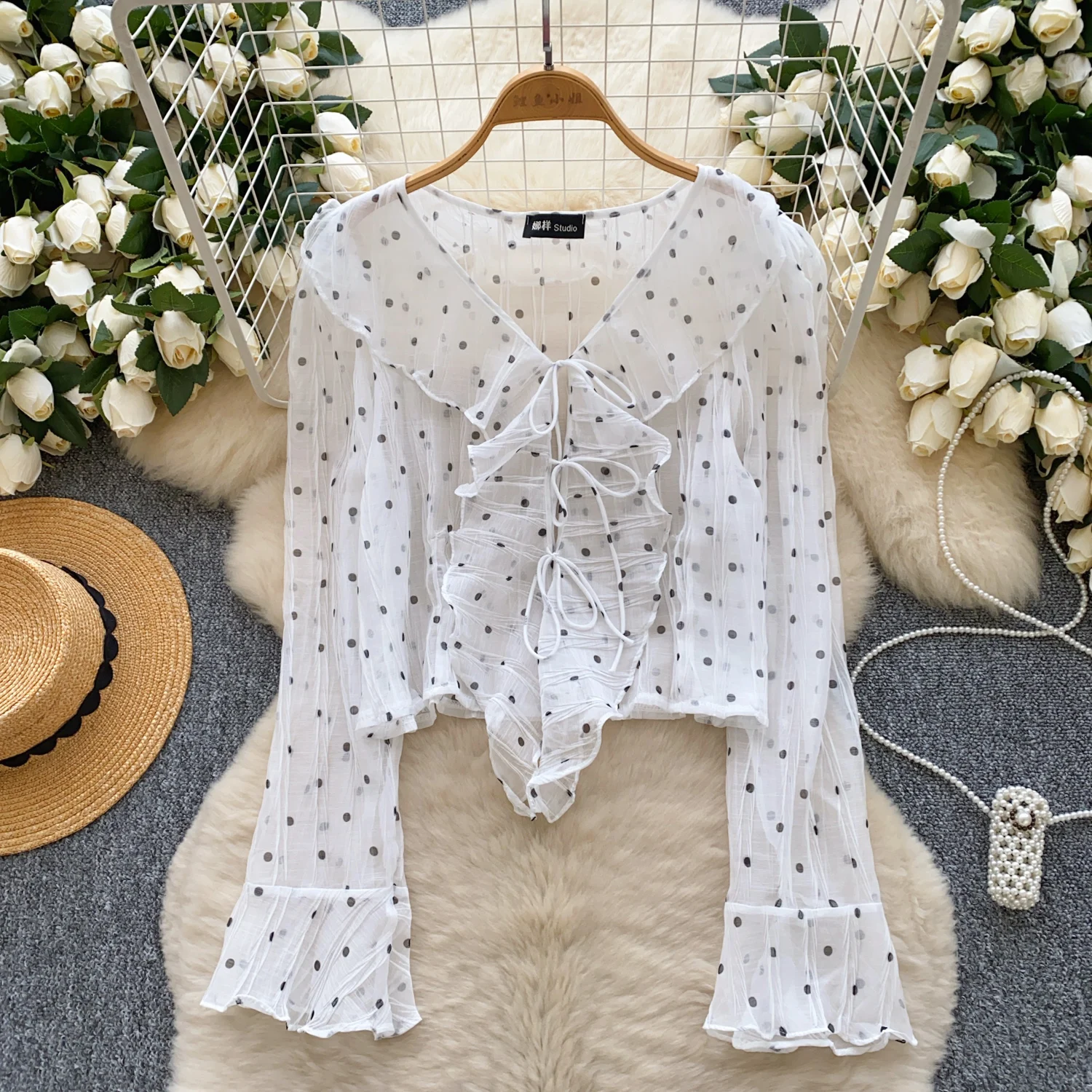 Verão elegante blusa para mulheres malha gravata plissado feminino topos praia férias fina colheita topos novo em 2025 chique pura bandagem