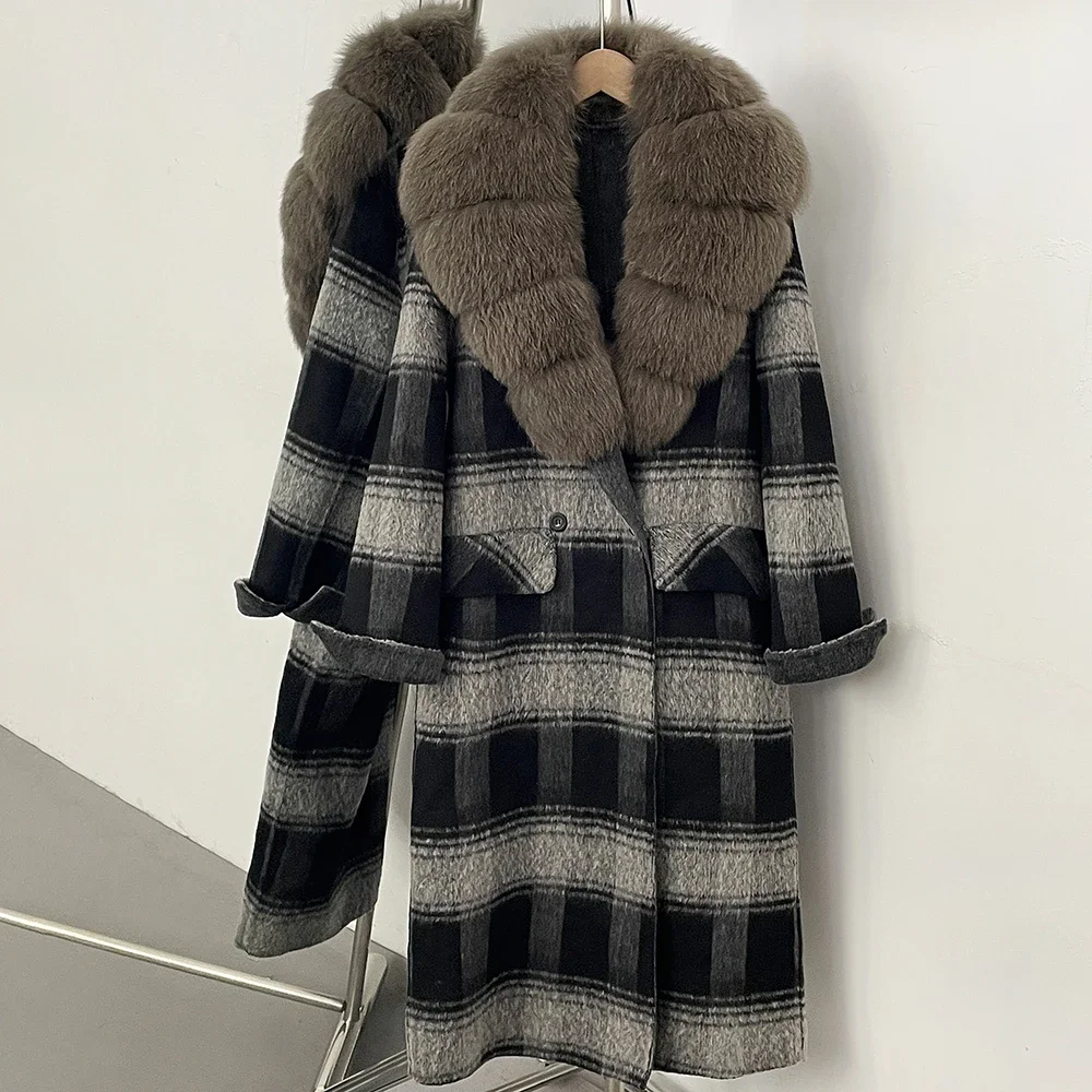 OFTBUY New Warm Winter Outerwear for Female Mid Long 100% Wool Coat Women Real Fox Fur Lapel Collar Vintage Plaid Woolen Jacket