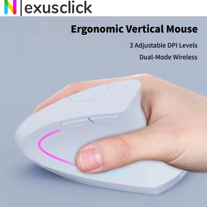 2.4G Bluetooth Wireless Dual-Mode Vertical Optical Mouse RGB Backlit Mute-Buttons Ergonomic Design Office Stylish Slient Mouse