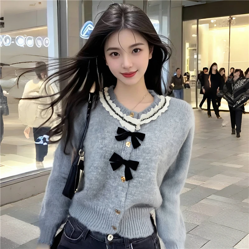 Soft Cozy Women's Knitted Cardigan Sweater Spring Autumn round Ne Lace Trim Design Sweet Sle Long Sve ort Length