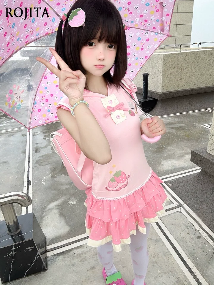 

Japanese Style Cute Strawberry Embroidery Bunny Ears Color Block Polka Dot Flutter Sleeve Dress 2025 Summer New Daughter Dress