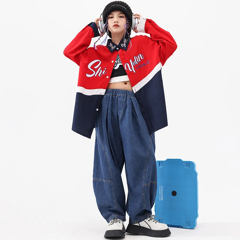 Hip-hop Outfits Girls Children Clothing Letter Print Patchwork Shirt Black Vest Dark Blue Jeans Jazz Dance Costumes Streetwear