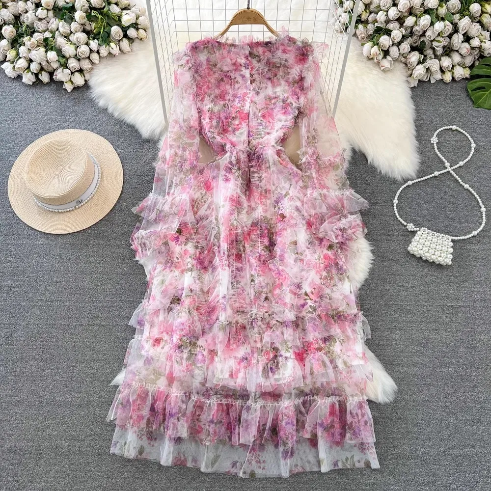 Vestido longo com manga folhada para mulher, camadas estampa bolo, luxo e elegante, malha rosa, flor, feriado e festa, francês e francês