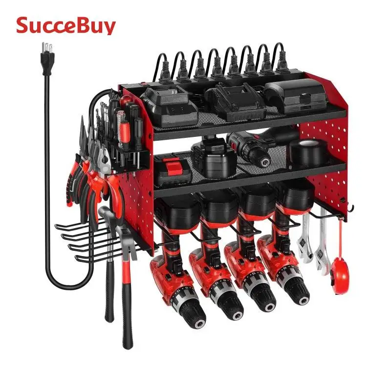 

Органайзер для электроинструментов SucceBuy на 3 уровня с зарядной станцией и боковой перфорированной панелью для гаража и мастерской