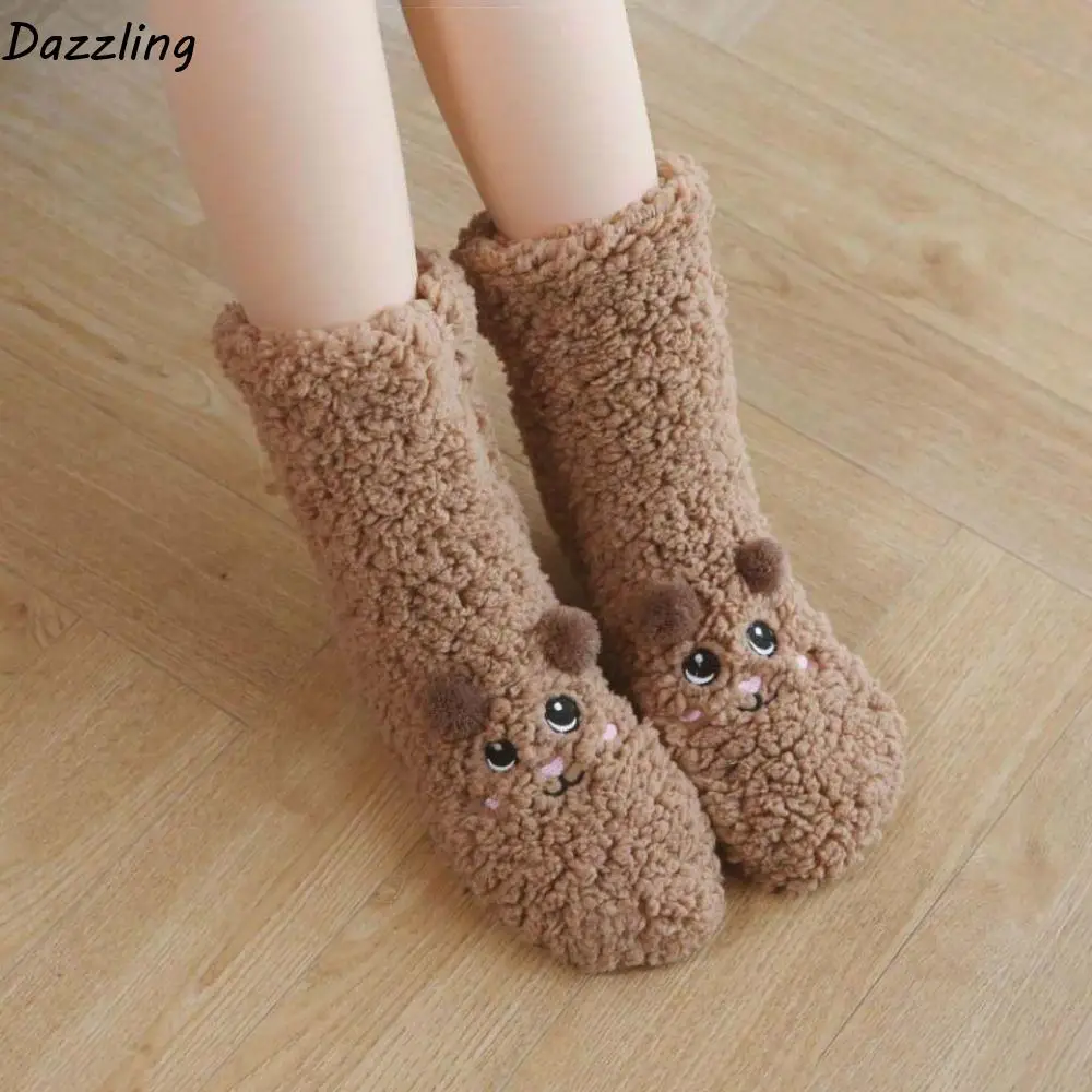 Soft Embroidery Thick Thermal Socks Cartoon Plush Floor Socks Anti Slip Mid Tube Sleeping Socks Indoor