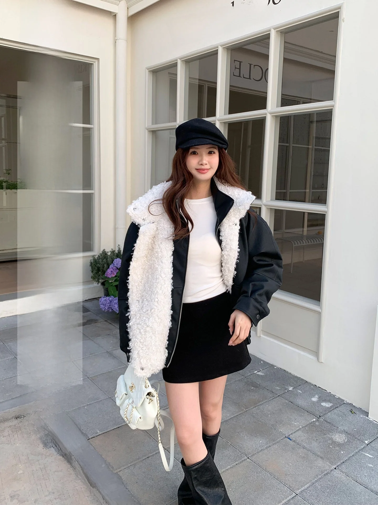 

Thickened Winter Coat Women's PU Leather Lamb Fur Integrated Collar Zipper Closure Long Sleeve Loose Fit Regular Length Jacket