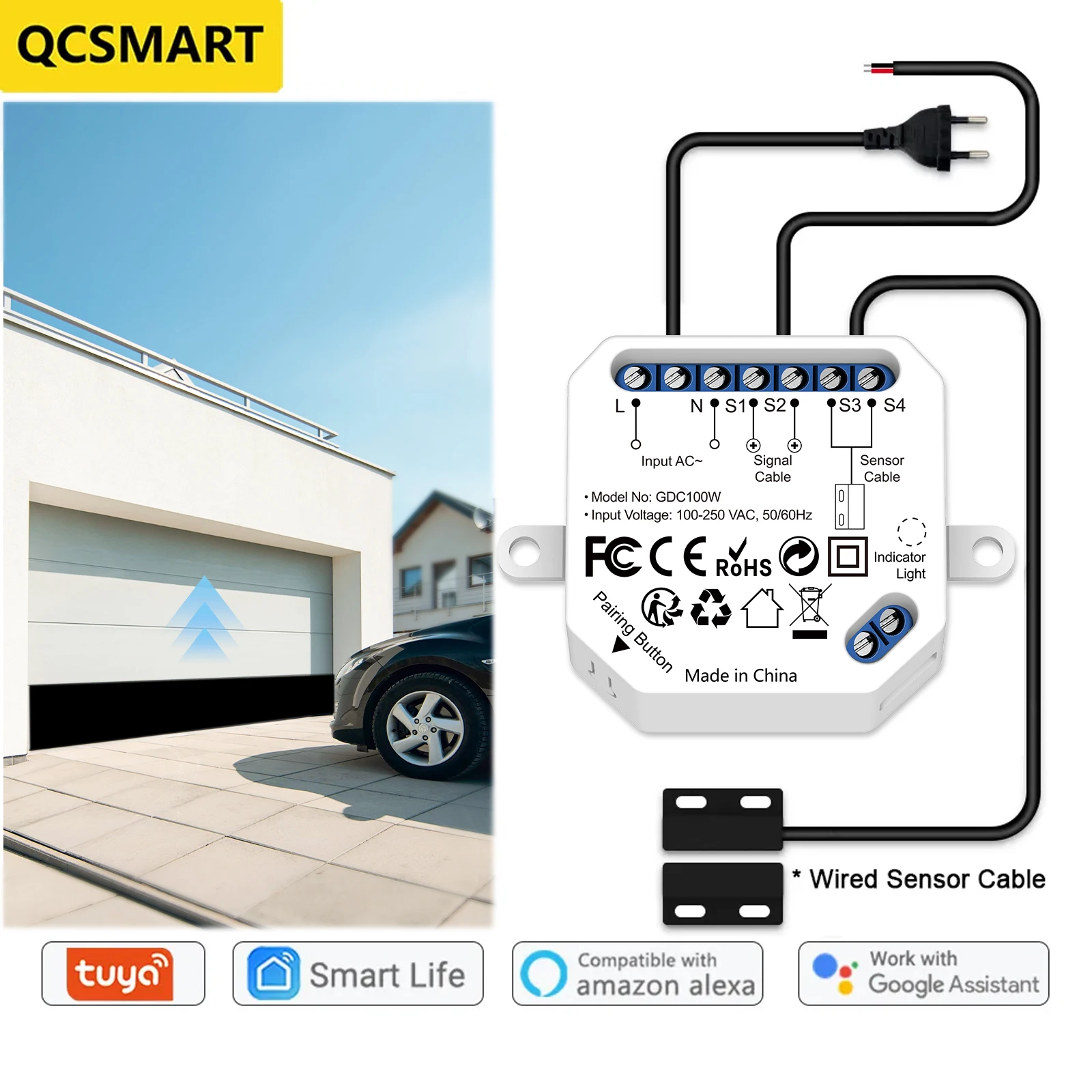 QCSMART Tuya Smart Life Garage Door Opener Controller Wired Sensor Security Alert System Works with Google Assistant Alexa