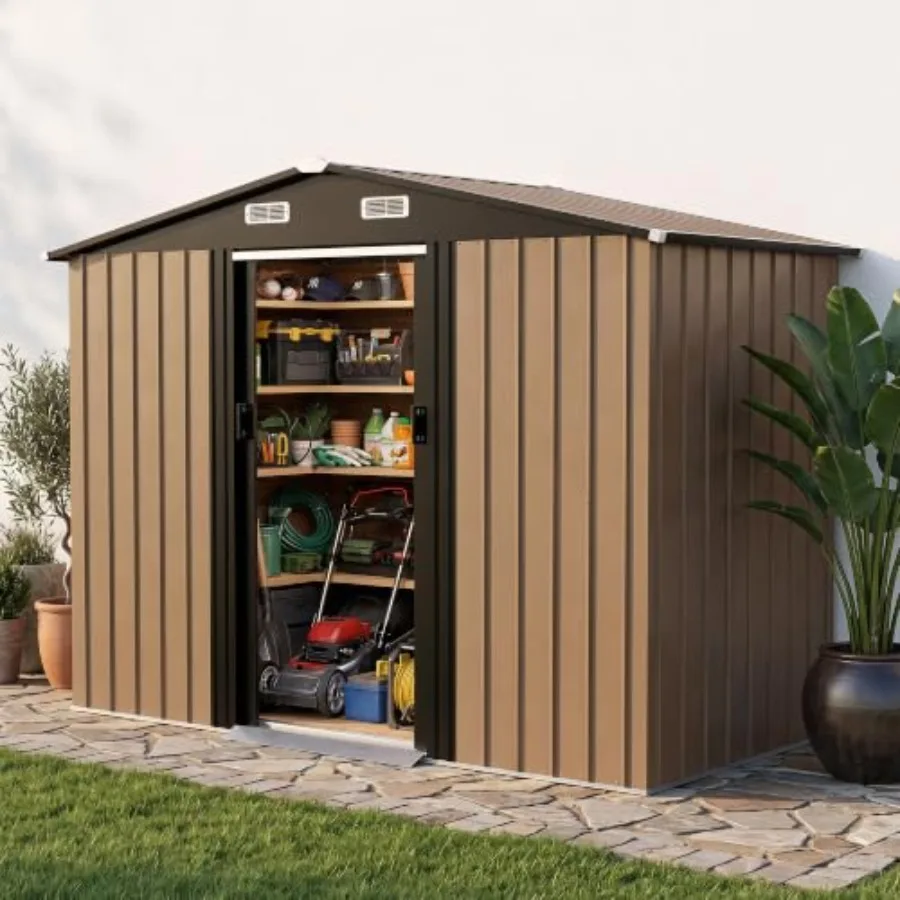 Outdoor storage for backyard use, galvanized steel construction, gray color, double sliding doors and gable roof with air vent