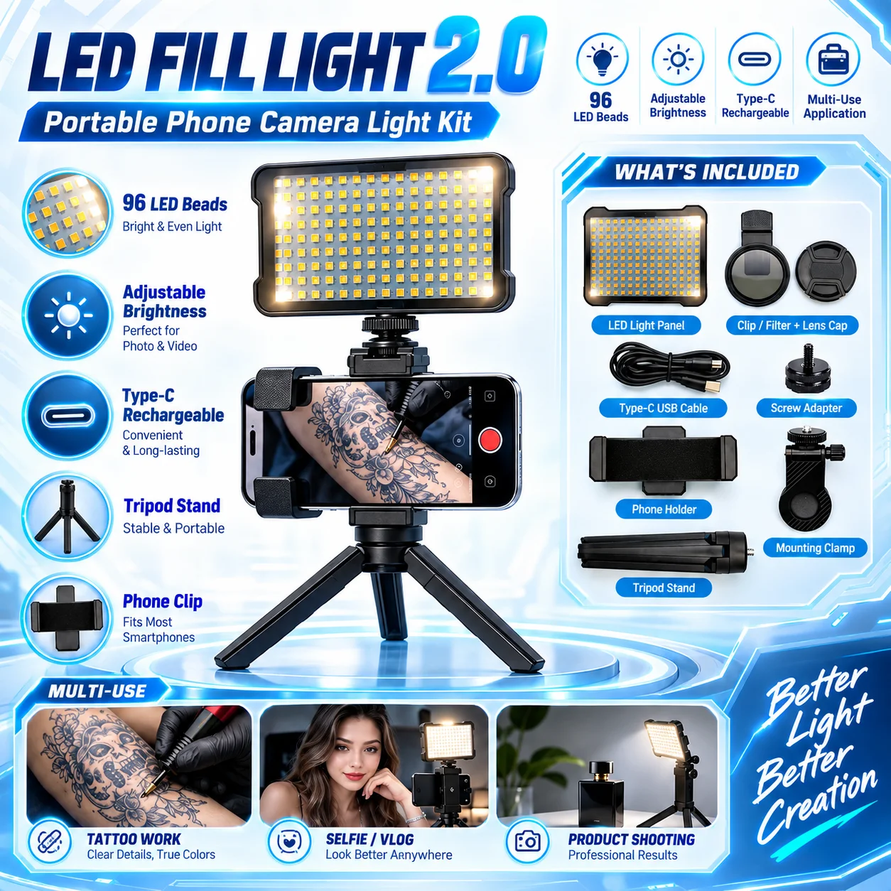 Audersigt Polarized Tattoo Fill Light Anti Reflection Photography Light Kit for Tattoo Artists Studio Shooting