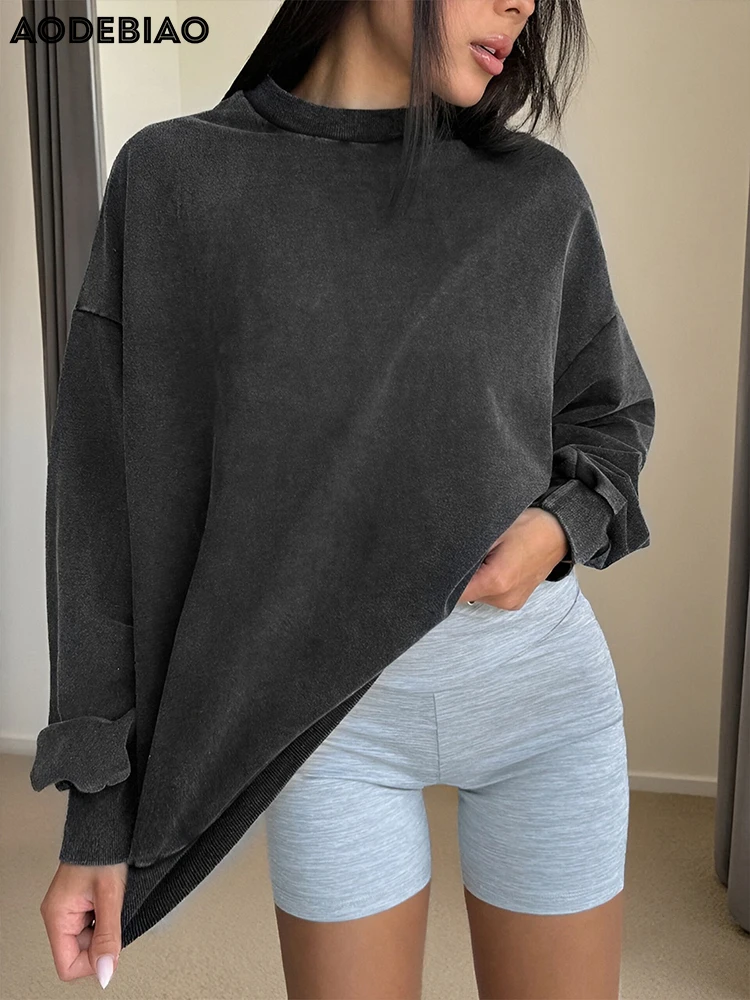 AODEBIAO Black Sports Hoodie Women Autumn Long Sleeves O-Neck Solid Fitness Hoodie Casual Loose Basic Hoodie Women Streetwear