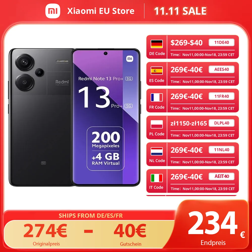 Xiaomi Redmi Note 13 Pro Plus 5G Global Version 256GB/512GB MediaTek Dimensity 7200-Ultra 6.67'' 3D-Curved 1.5K 120Hz Display,1