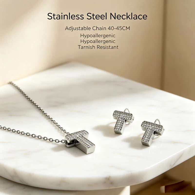 Bling Block Letter T Pendant Necklace Full Zircon Inlaid Initial Necklace Adjustable 40‑45CM Choker Layering Daily Jewelry