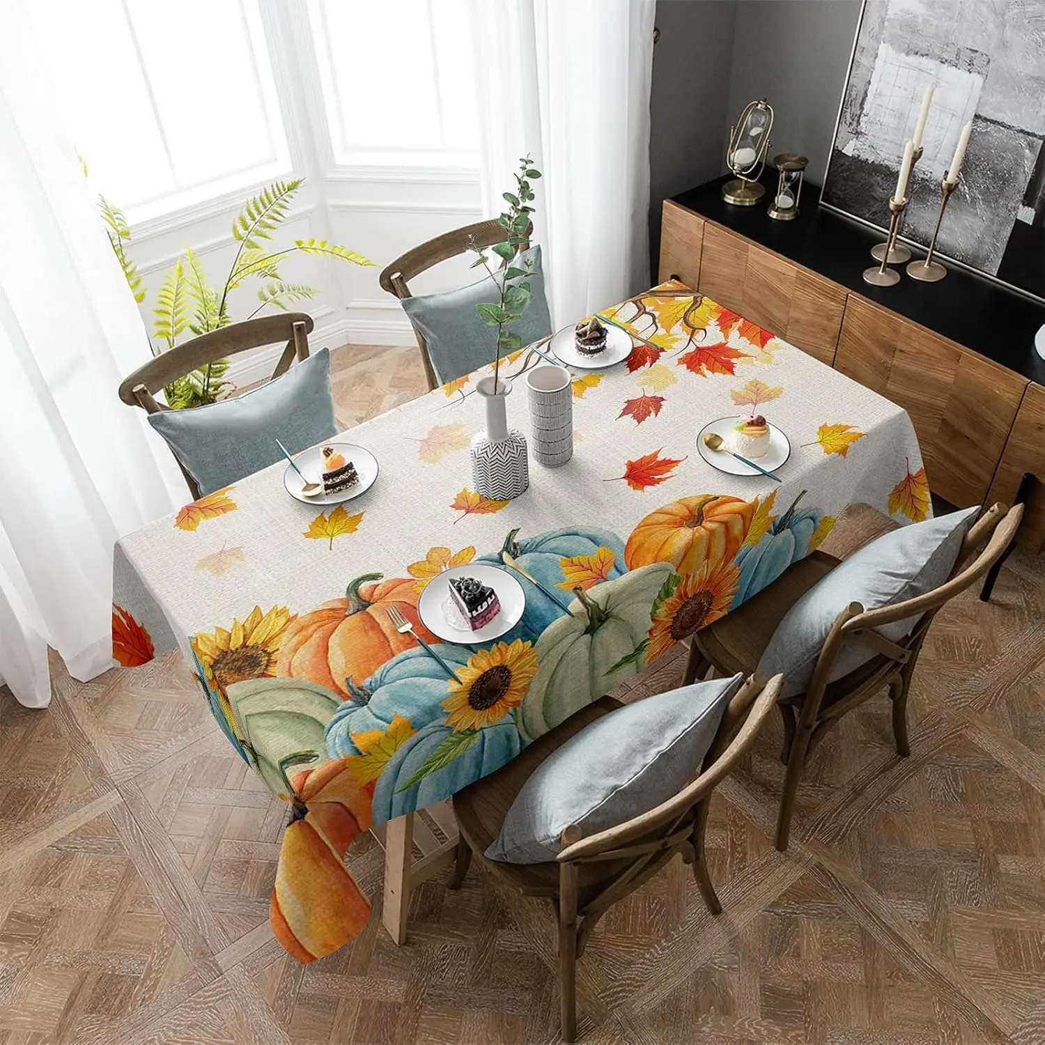 

Fall Thanksgiving Rectangle Tablecloths Autumn Colorful Pumpkins Sunflowers Maple Leaves Table Cloth for Table Decor Party Decor