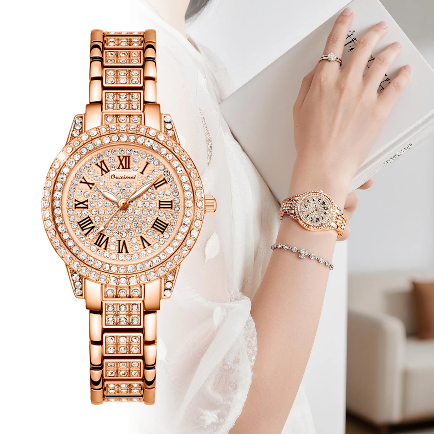 

2023 Новый бренд, роскошные сверкающие водные бриллианты, розовое золото, роскошные римские весы, модные водонепроницаемые кварцевые часы, повседневные женские часы
