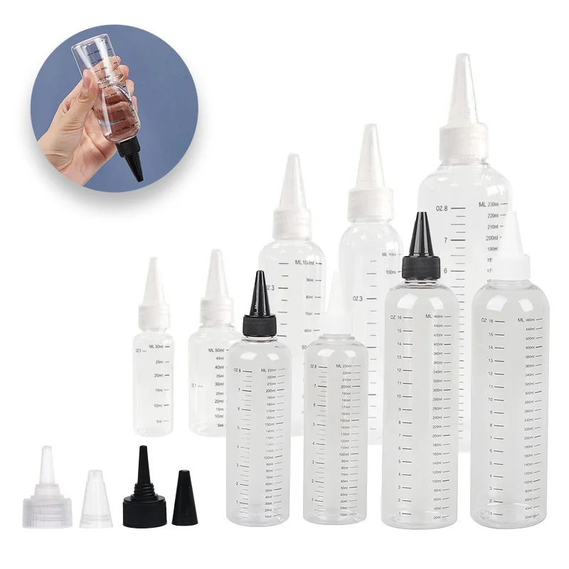 10pcs 30-500ml Plastic Bottles Pointed Mouth Top Cap Transparent Dispensing Bottles with Graduated Measurement for Arts Crafts