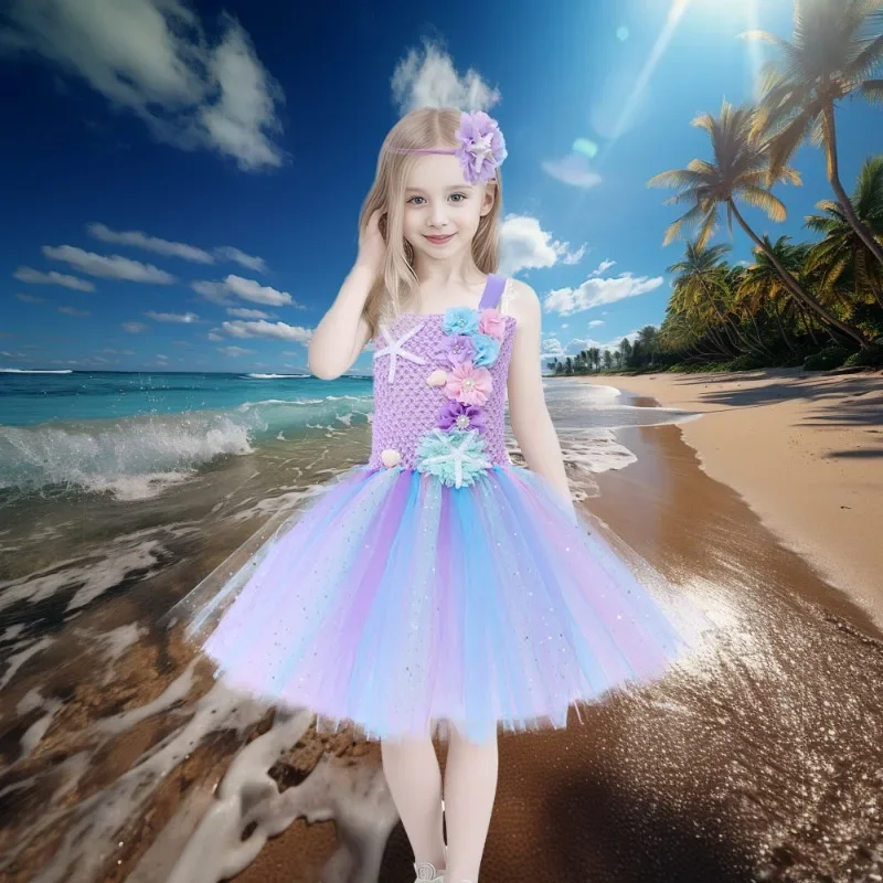 

Girl Princess Mermaid Tutu Dress Under The Sea Princess Kids Dresses for Girls Birthday Party Costume with Flower Headband