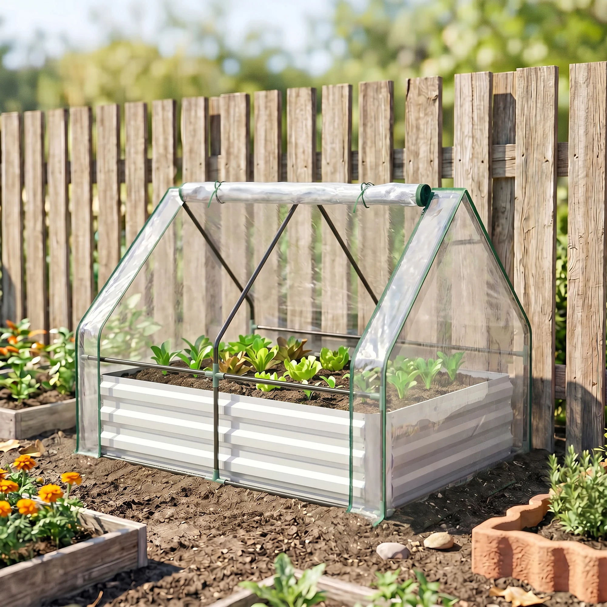 Steel Raised Garden Bed Planter Box Kit with Greenhouse, for Dual Use, Clear