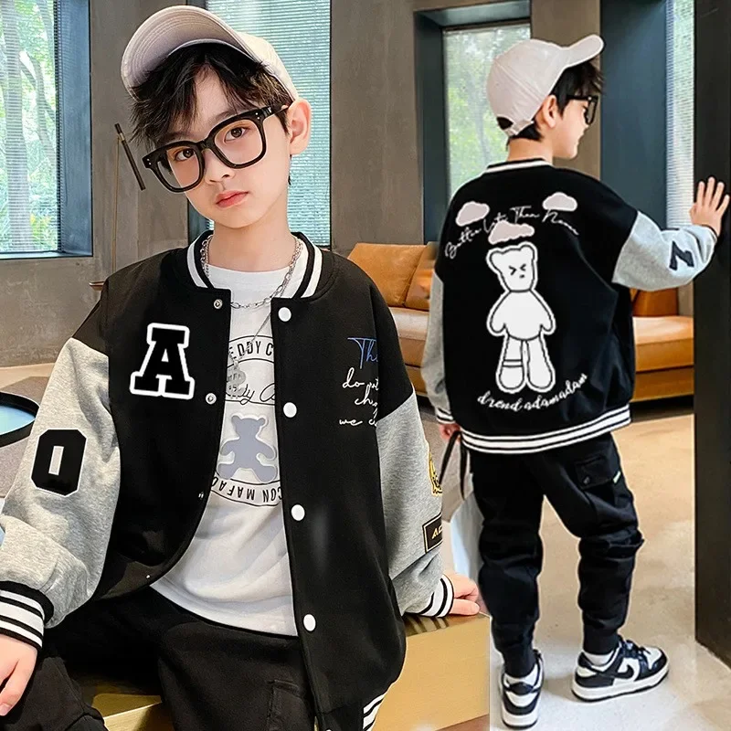 

Kids Boys Bomber Jacket Children Spring Autumn Letter Print Outerwear Streetwear Varsity Baseball Uniform New Coats 3-12 Years