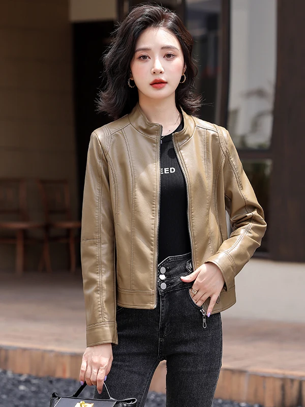   Ning 本革ジャケット レディース ショートスリーブ 2025 新作 春秋 ファッショナブルな大きいサイズ スタンドカラー シープスキンコート
