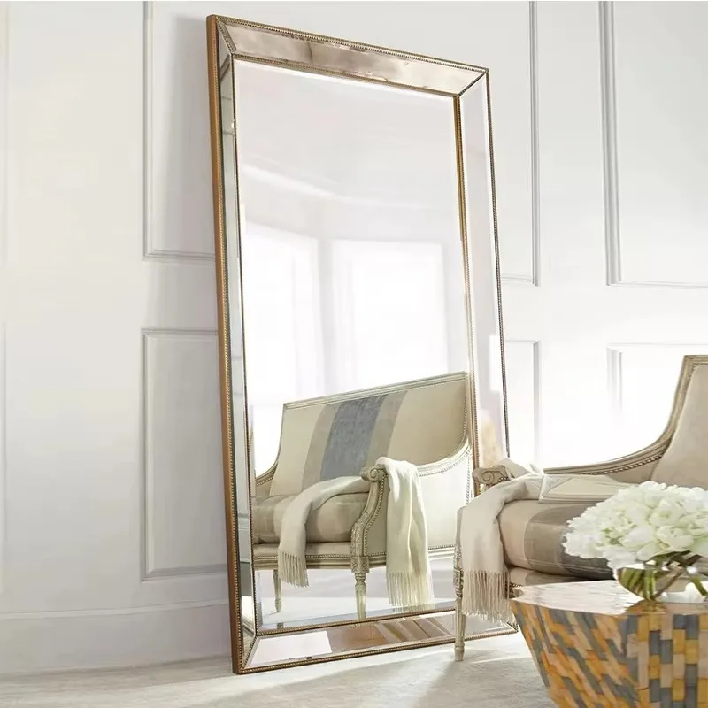Wholesale Antique Gold Beaded Frame Full Length Floor Standing Mirror Large Rectangle Dressing Mirror for Bedroom LivingRoom