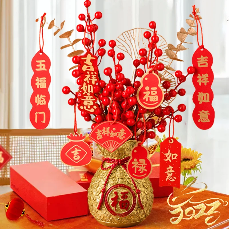 2024 Chinese New Year Home Decor Red Fortune Fruit Artificial Golden Eucalyptus Leaf Spring Festival Ornament Flower Arrangement