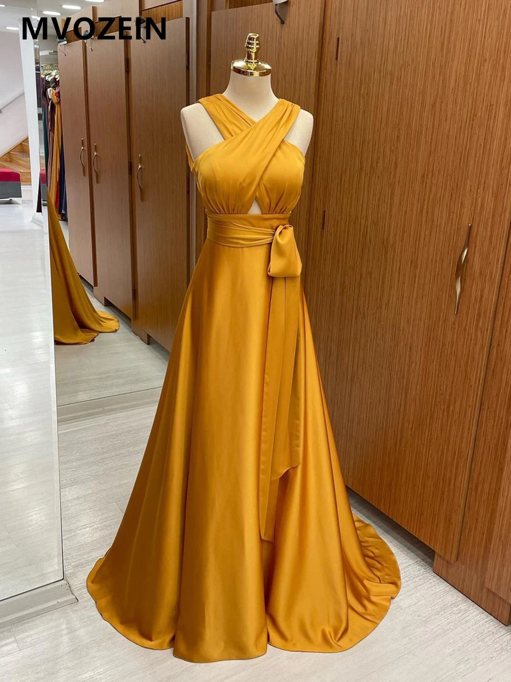 

Mvozein Evening Dress 2023 Satin A-Line Sleeveless V-Back Floor Length Elegant Wedding Party Dress for Women 2023