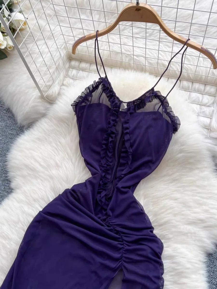 Foamlina วันหยุด Ready Mesh Halter ชุดสตรีฤดูร้อน SHEER จีบเอว High Slit ยุโรปอเมริกัน INS ชุดอินเทรนด์