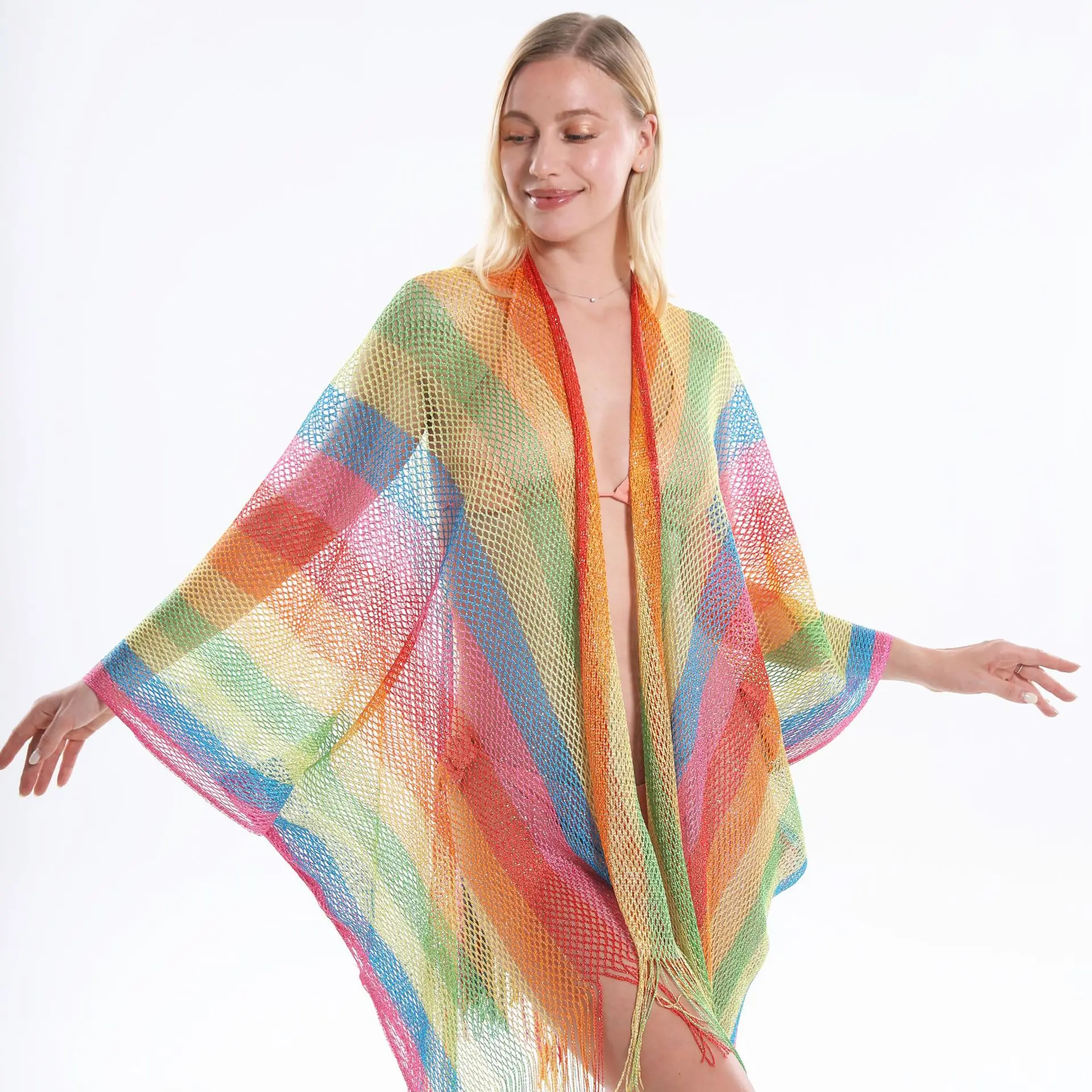 Summer New Rainbow Mesh Sexy Hollow Sun Protection Shawl Women's European and American Tourism Beach Scarf