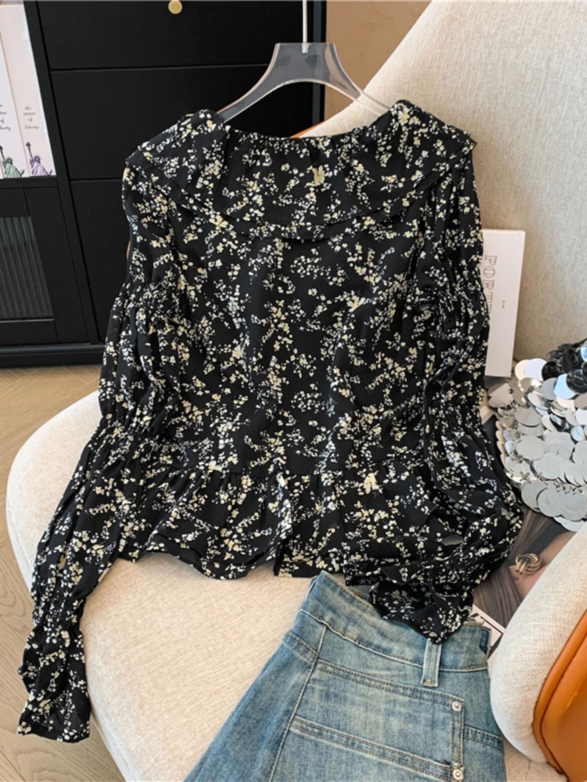 Retro Floral Long Sleeve V-Neck Shirt Women's Early Spring New plus Size Slimming High-End Feeling Age-Reducing Top