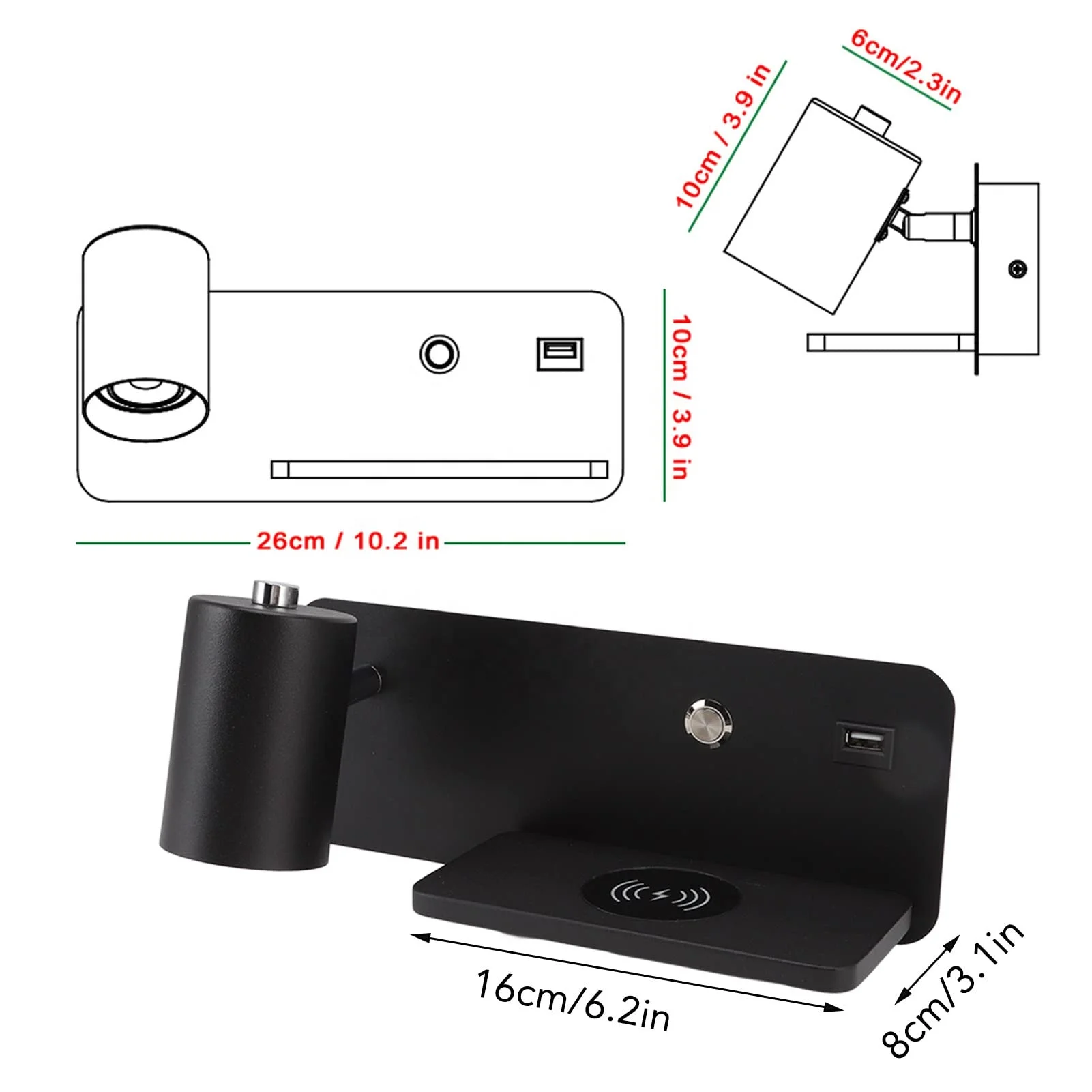 LED Wall Sconces with Wireless Charger USB Rechargeable Reading Light Bedside Wall Light Rotatable Wall Lamp