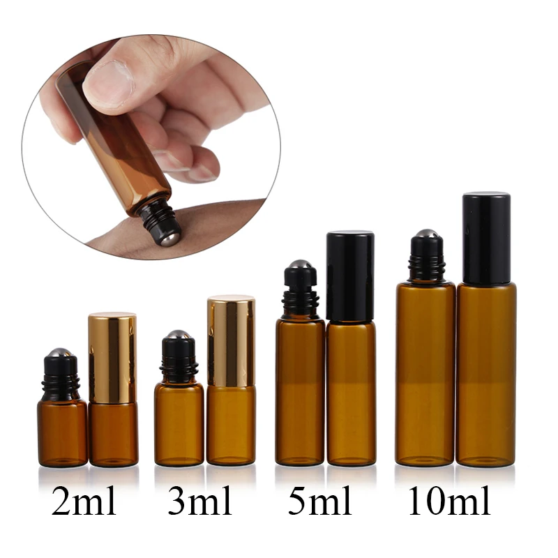 5 pz 3ML 5ML 10ML rotolo di vetro ambrato su bottiglia a rullo con contenitori per bottiglie di profumo di oli essenziali riutilizzabili in acciaio inossidabile
