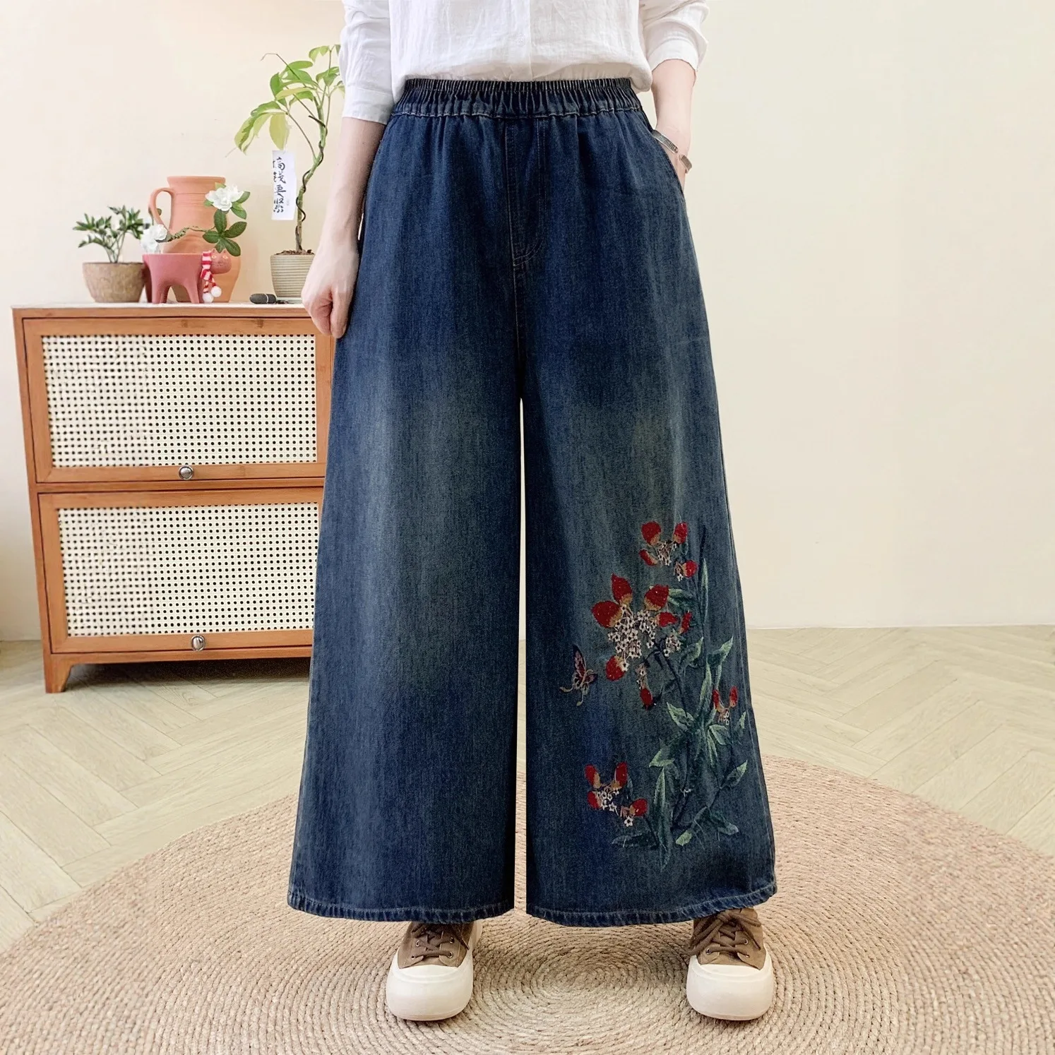 일본 빈티지 모리 걸 플로럴 자수 데님 와이드 레그 팬츠 여성 가을 신축성 있는 허리 캐주얼 루즈 진 스트레이트 팬츠