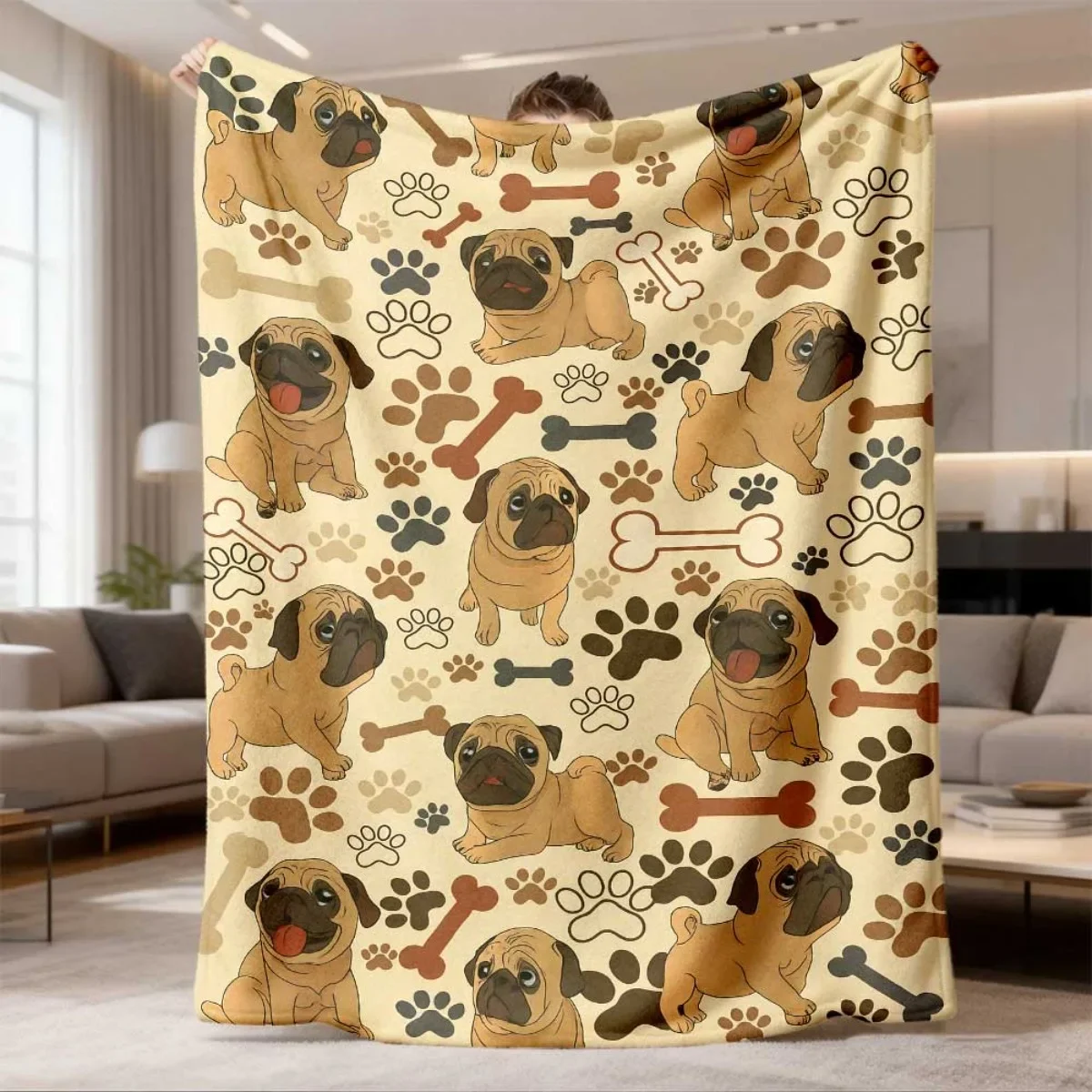 Beige Base Pug Puppy Paw Bone Repeat Throw Blanket Cute Dog Full Pattern Neutral Tone Family Sofa Bedroom Decor Cover
