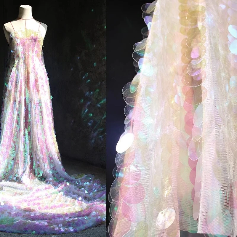 

Round large sequin fabric beaded tulle lace fabric for wedding dresses and evening gowns designer