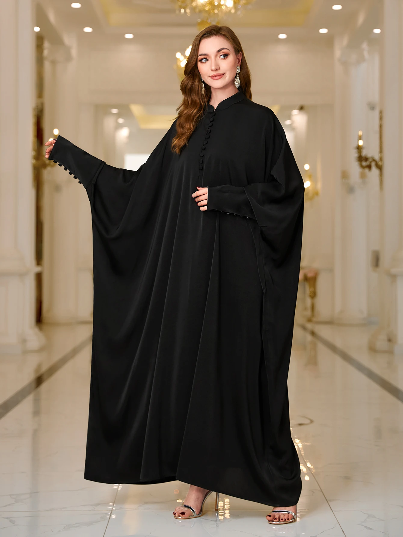 Ramadan Abaya Kaftan Sukienka dla kobiet, skromna sukienka maxi z rękawami w kształcie skrzydła nietoperza, jednolity kolor, guziki z przodu, odzież damska