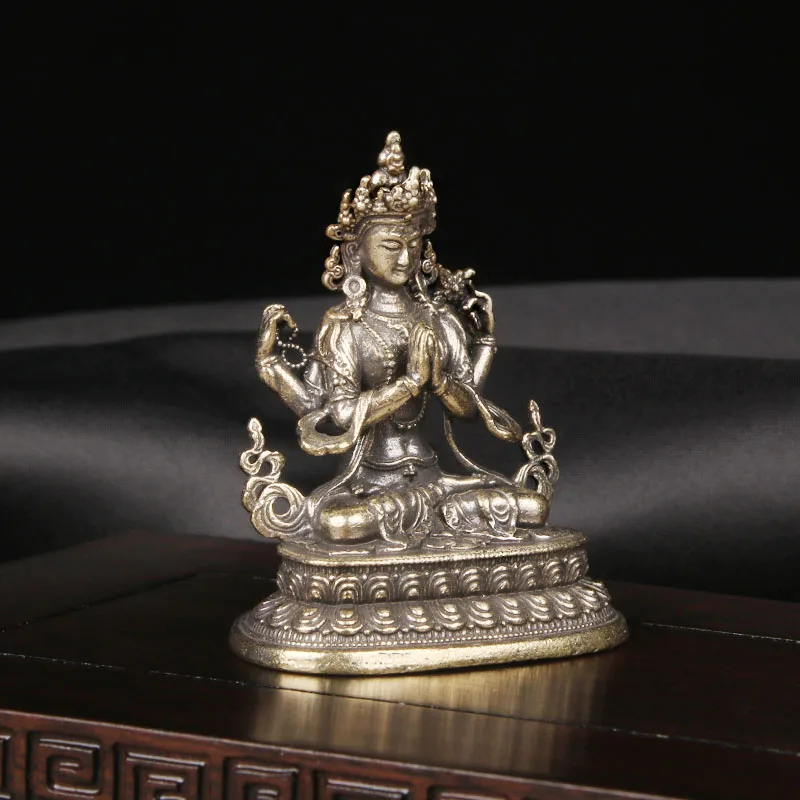 Retro Brass Four Armed Guanyin Statue Desktop Ornament Religious Worship Statue Bodhisattva Bronze Statue Cultural And Artistic