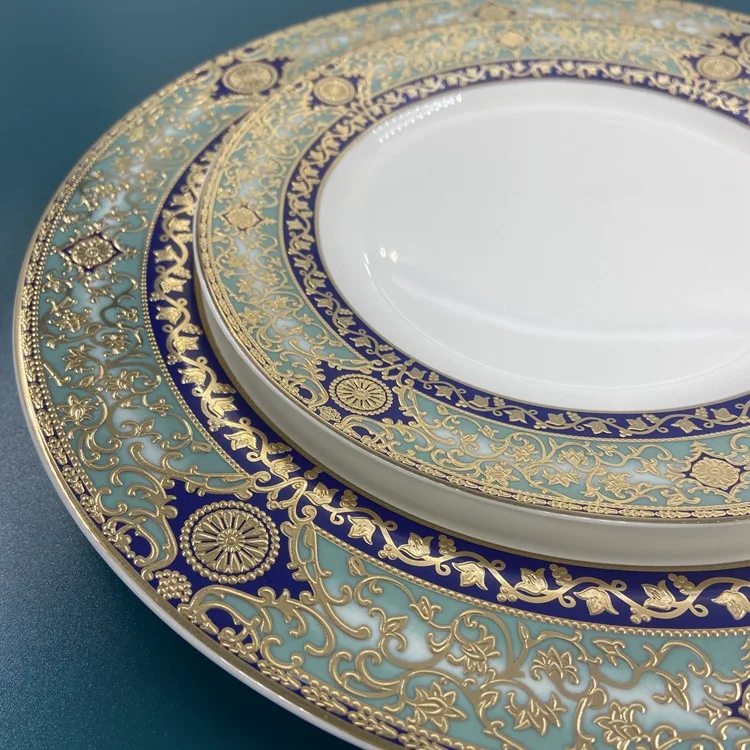 HYS Blue Bone China Embossed Gold Plate Palace Plate Middle East Ceramic Set