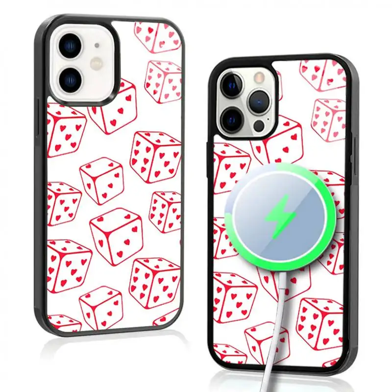 Heart Dice Phone Case For IPhone 11 12 13 14 15 Plus Pro Max Mirror Acrylic Cover For Magsafe Wireless Charging