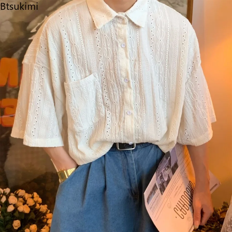 2024 Retro Style Men's Summer Short-sleeved Shirts Trend Hollow Out Design Solid Simple Versatile Blouse Men Loose Handsome Tops