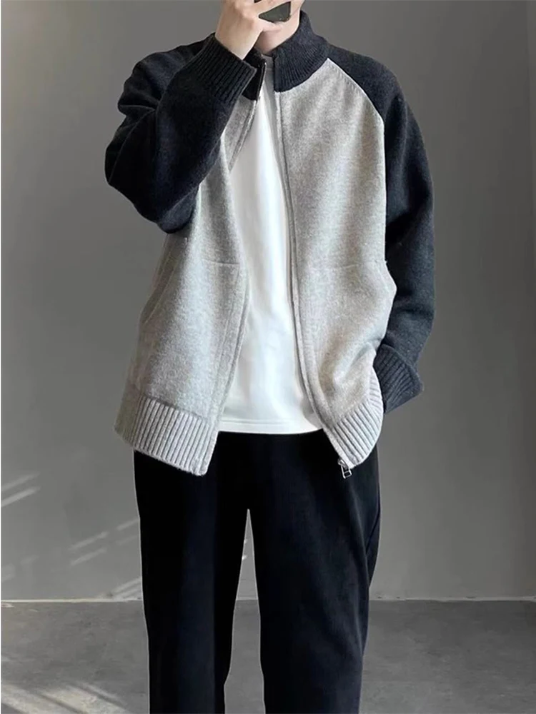 

Color Blo Zipper Knitted Jaet Men's Casual Sle Collarl Sweater Autumn Winter American Retro Leisure Top Polyester Fiber