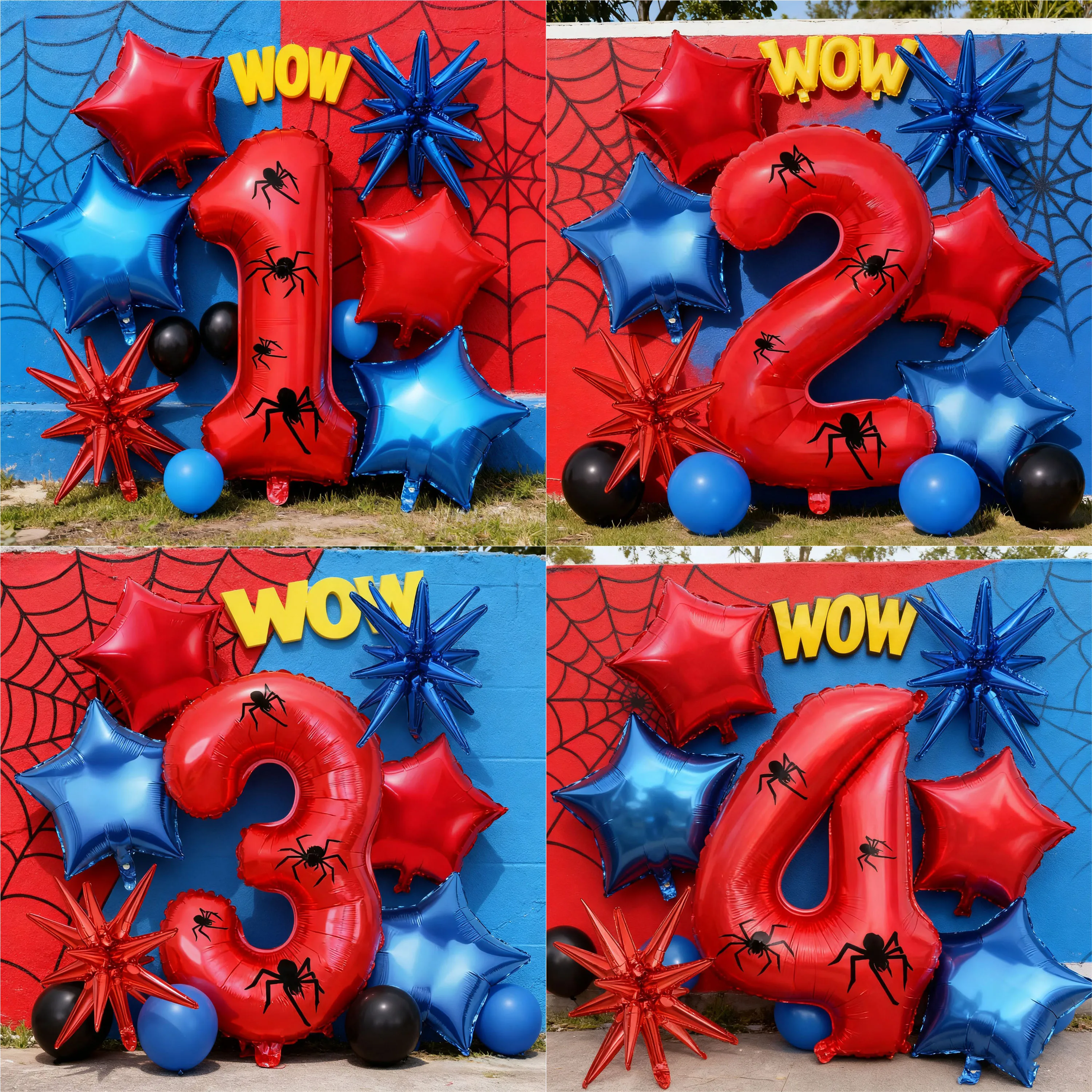 

Superhero Theme Balloon Set, 32Inch Number Balloons 0-9 with Web Design Stickers, Star & Burst Balloons, Birthday Party Decor